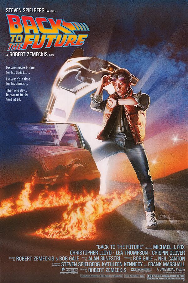 Close-up of the Back to the Future satin finish movie poster showing vibrant colors and glossy texture