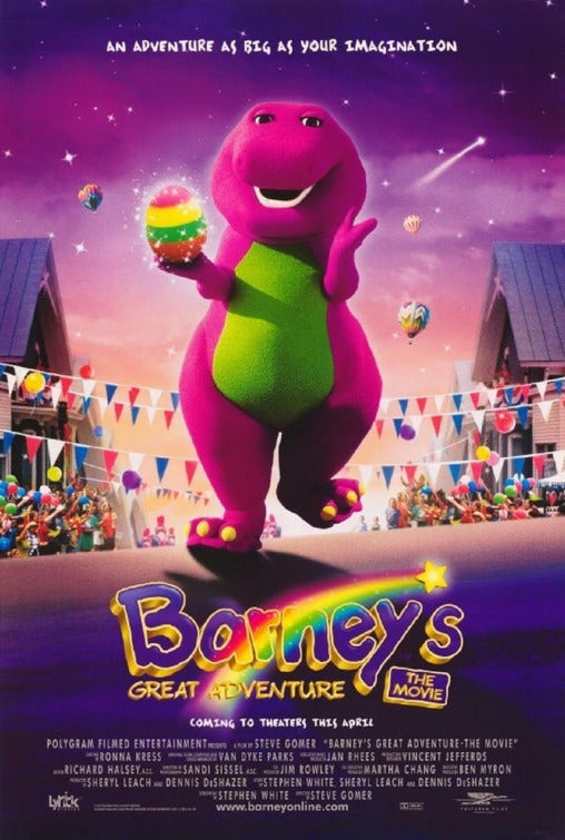 Close-up of Barney's Great Adventure interactive toy with colorful buttons for toddlers