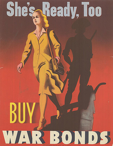 Close-up of the vintage war bond poster 'She's Ready, Too' from 1942 with authentic design