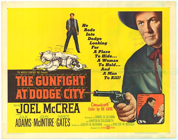 Dodge City western street scene with cowboys and gunfight