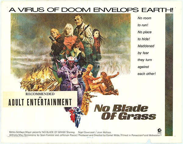 Cover art of No Blade of Grass showcasing the film's dystopian theme and survival struggle.