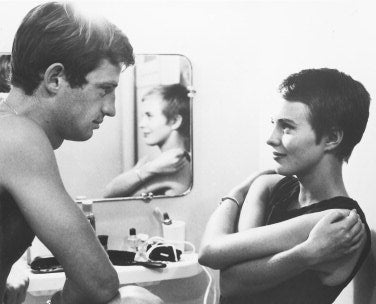 Breathless film poster featuring Jean-Paul Belmondo and Jean Seberg from the classic French New Wave cinema.