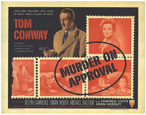 Close-up of Murder On Approval Style B game box and components