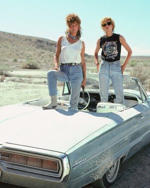 Thelma and Louise movie poster featuring Susan Sarandon and Geena Davis in an iconic scene.