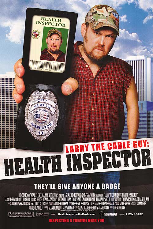 Larry the Cable Guy in a health inspector uniform, bringing humor to the scene.