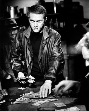 Front view of Steve McQueen leather jacket showcasing its classic design