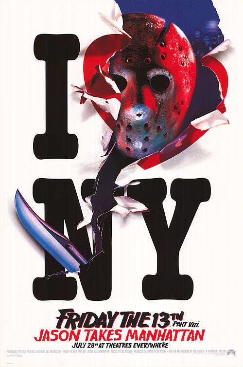 Close-up of Jason Voorhees holding the I Love NY poster in a gritty Manhattan alley – perfect for horror movie memorabilia collectors.
