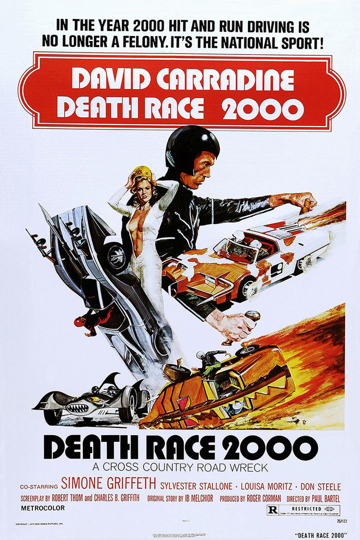 Close-up of Death Race 2000 giclee print on wall, detailed and vibrant