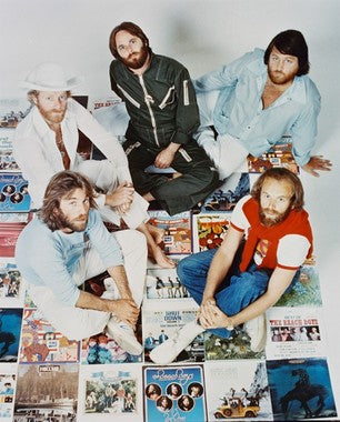 Front view of a vintage Beach Boys band shirt with bright colors and retro design