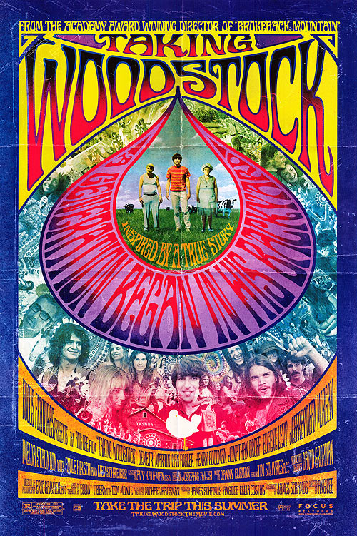 Cover of Taking Woodstock book showcasing festival imagery and vibrant colors.