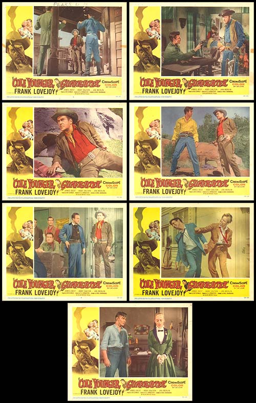 Detailed view of the Cole Younger Gunfighter Collectible Set displaying all seven figures in a beautifully arranged display.