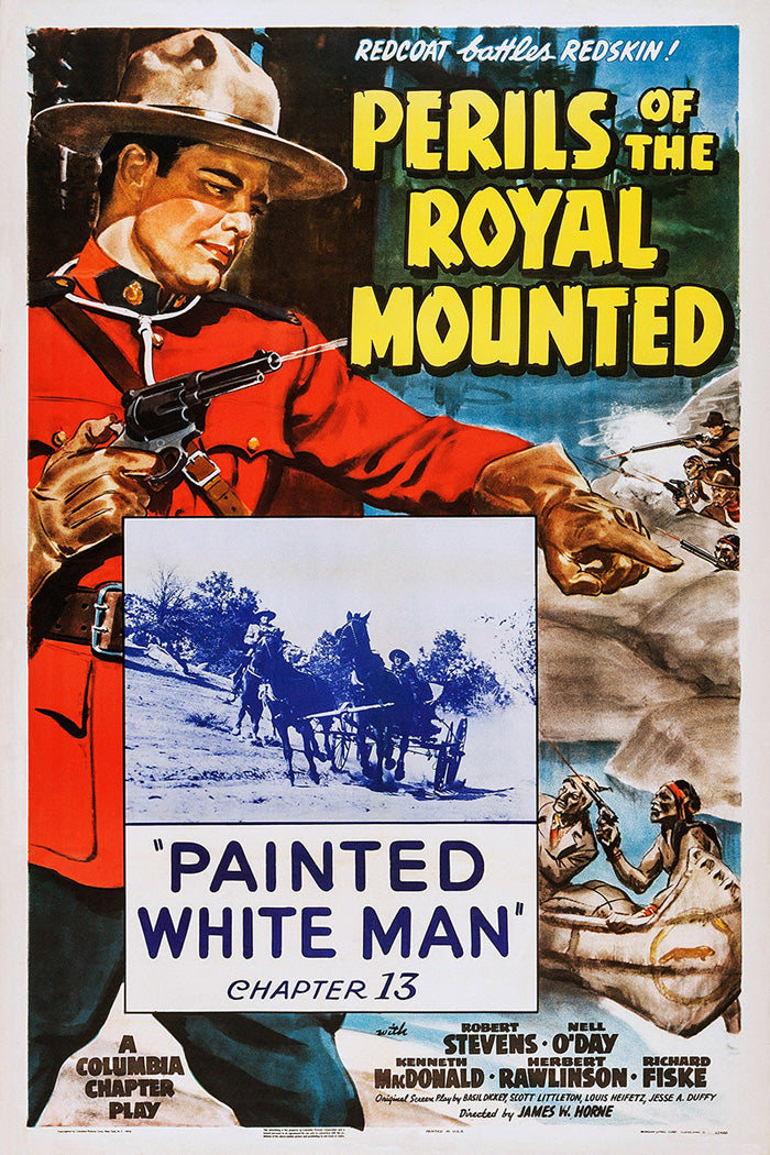 Vibrant giclee print of Perils of the Royal Mounted displayed in a modern living room.