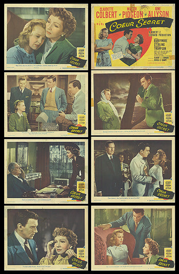 Close-up of vintage Secret Heart film poster with French overprint, showcasing aged paper and historical detail