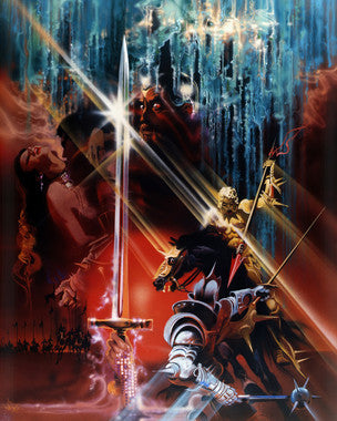 Front view of Excalibur sword replica with ornate detailing from Nigel Terry’s iconic role