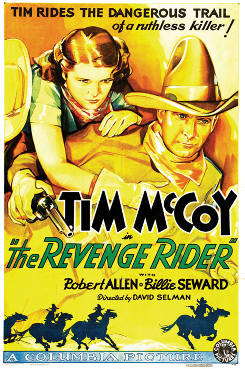 Framed giclée print of Revenge Rider hanging above a rustic leather couch
