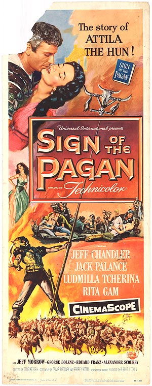 Close-up of the 1954 Sign of the Pagan original insert showing Attila the Hun in dramatic pose