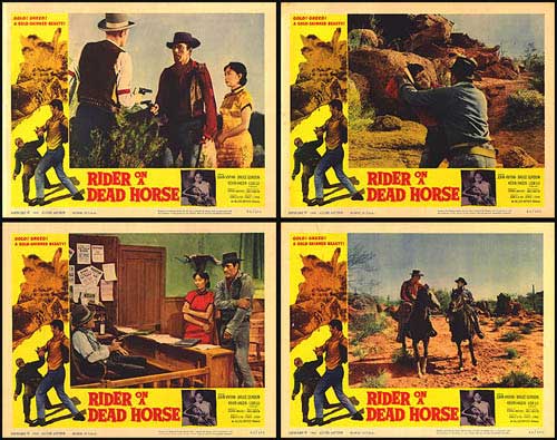 Close-up of Rider On A Dead Horse lobby card showing dramatic character standoff scene