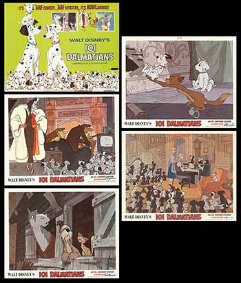Set of five 101 Dalmatians collectible toys, showcasing unique designs and small wear, ideal for collectors.