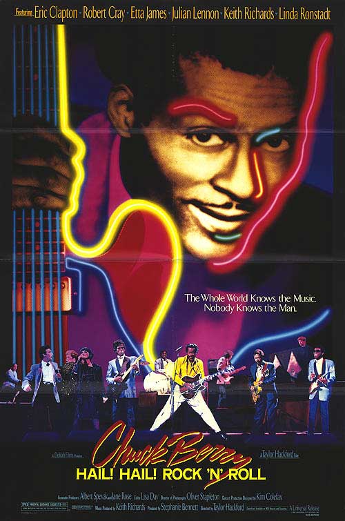 Front cover of Chuck Berry Hail Hail Rock and Roll vinyl album, showcasing vibrant artwork.