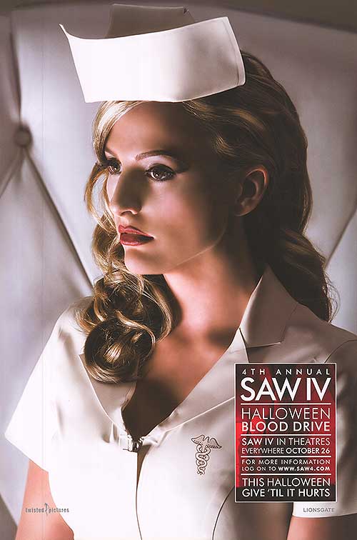 SAW IV collectible displayed prominently with a blood drive theme