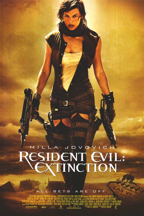 Resident Evil Extinction movie poster showcasing the lead character in action.
