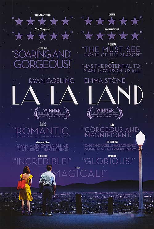 La La Land award memorabilia display with Hollywood backdrop