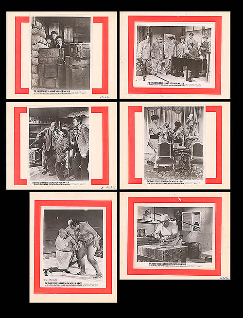 Close-up of vintage Three Stooges lobby card glued to the back, showing detailed artwork