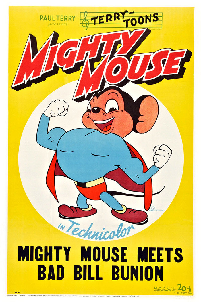 Mighty Mouse Bill Bunion giclee print displayed in a cozy living room setting.