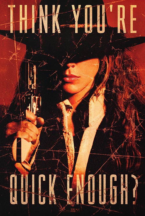 The Quick and the Dead movie poster featuring Sharon Stone in an action scene.