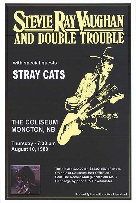 Stevie Ray Vaughan performing live with Double Trouble, showcasing his guitar skills.