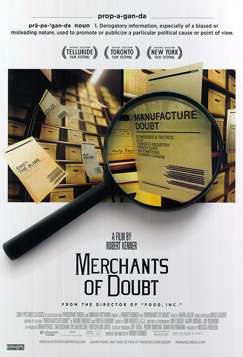 Cover of Merchants of Doubt highlighting science denial themes.