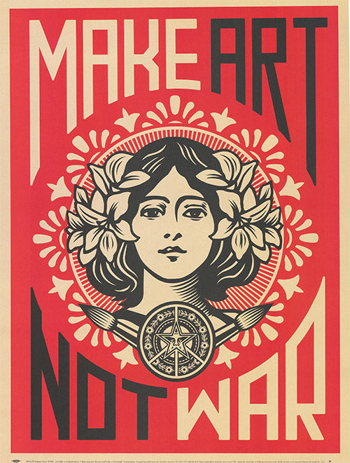 Close-up of Shepard Fairey Make Art Not War street art poster for wall decor