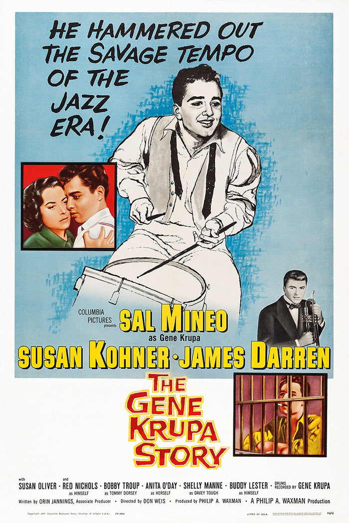 Close-up of Gene Krupa jazz drummer art print hanging in a modern living room
