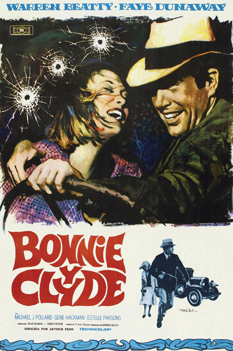 Close-up of Bonnie and Clyde vintage canvas print showcasing vibrant colors.