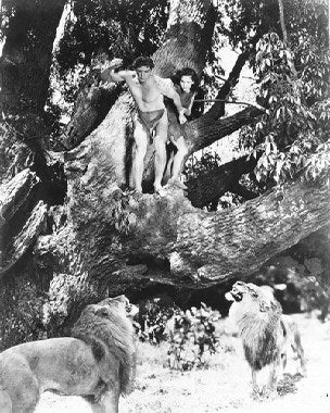 Tarzan and His Mate movie poster featuring Johnny Weissmuller in action
