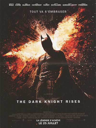 Dark Knight Rises DVD cover with Batman logo and Gotham City skyline