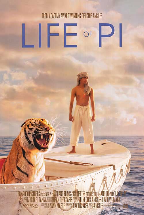 Cover of the Life of Pi novel showcasing a boy and a tiger on a lifeboat.