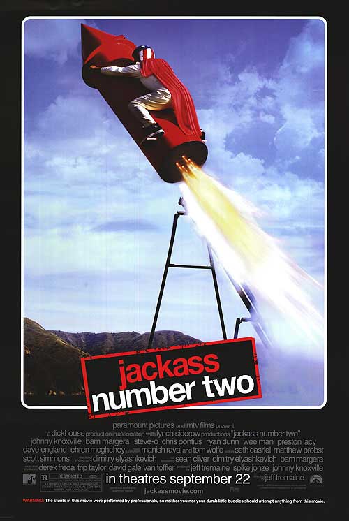 Cover art of Jackass Number Two DVD showing the main cast and stunt scenes