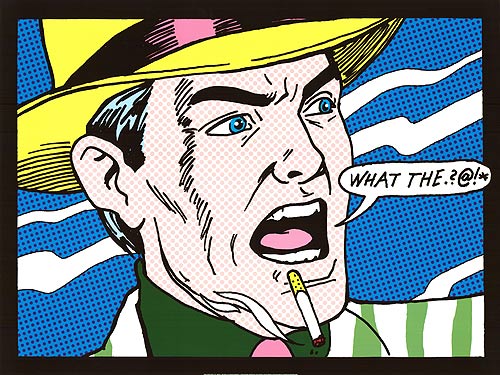 Close-up of Roy Lichtenstein pop art print with bold lines and vibrant colors