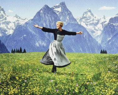 Front cover of Julie Andrews’ Sound of Music vinyl showcasing alpine backdrop and title text – a gem among movie soundtracks