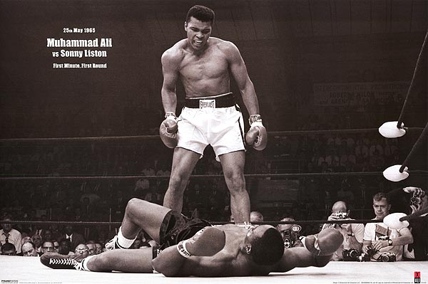 Close-up of Muhammad Ali vs Sonny Liston fight poster highlighting vintage design