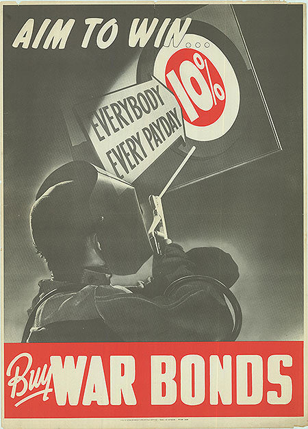 Close-up view of the Aim to Win vintage war bond poster, highlighting the vibrant colors and edge wear.