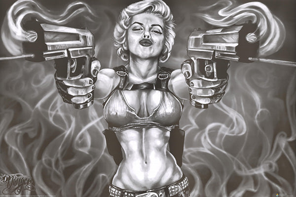 Close-up of Marilyn Monroe double guns vintage poster, celebrity memorabilia for collectors