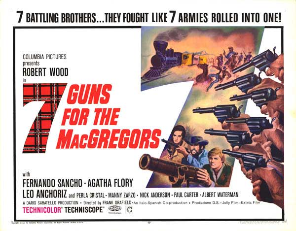 Front cover of 7 Guns for the MacGregors DVD featuring classic western artwork
