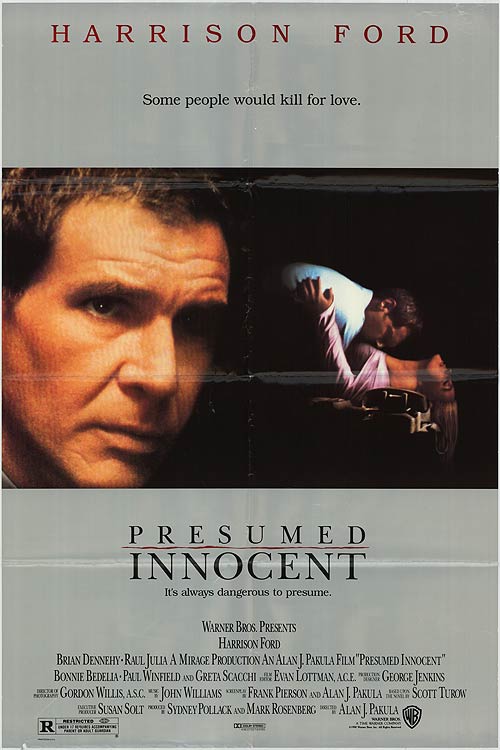 Close-up of Presumed Innocent book cover showcasing courtroom drama theme