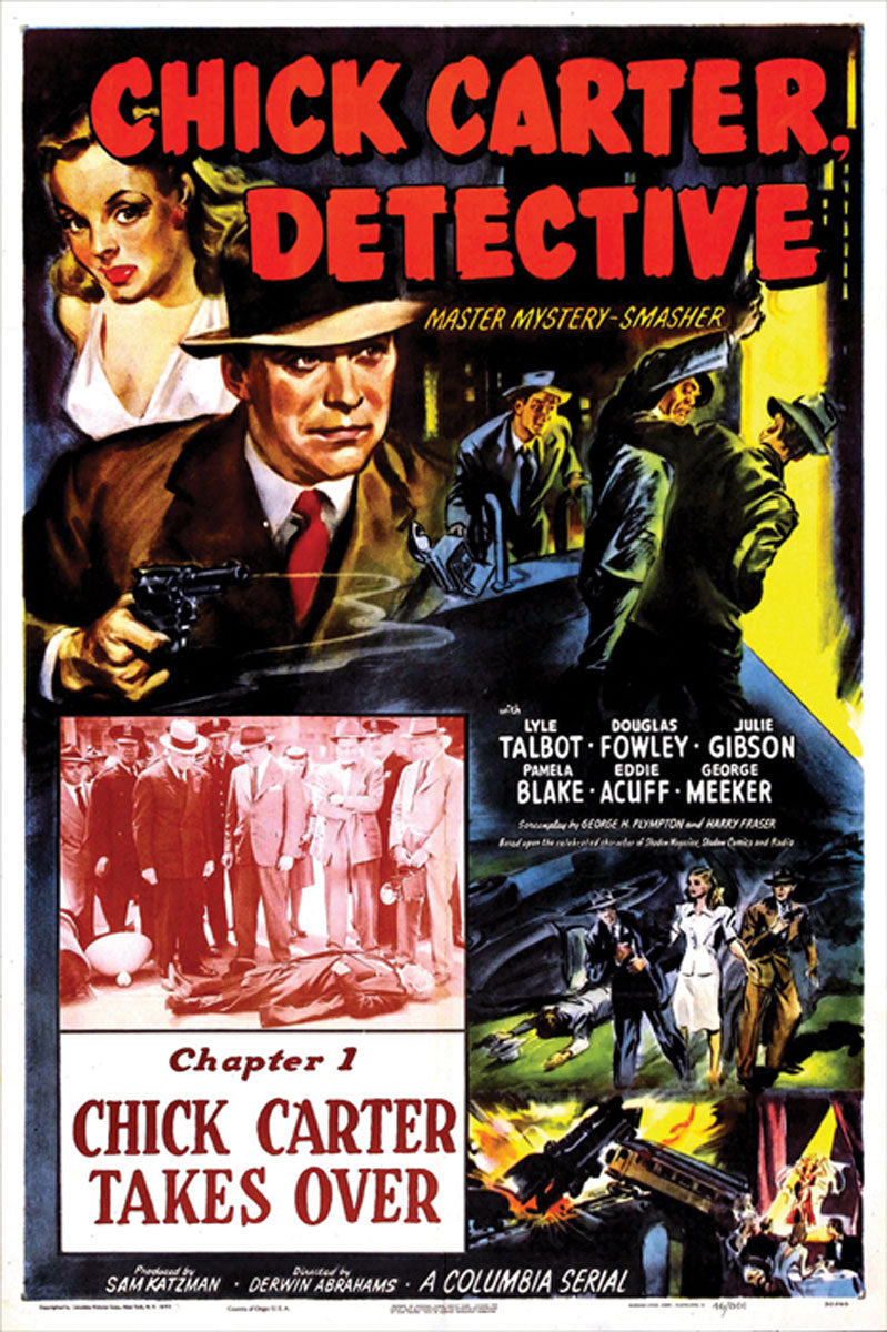 Close-up of Chick Carter detective scene in vintage art style for home decor