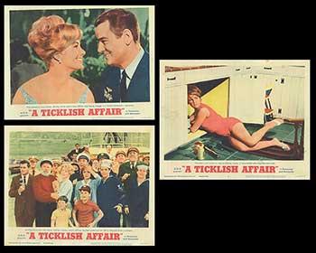 Close-up of a vintage Ticklish Affair movie photo with glued backing, showing detailed film stills