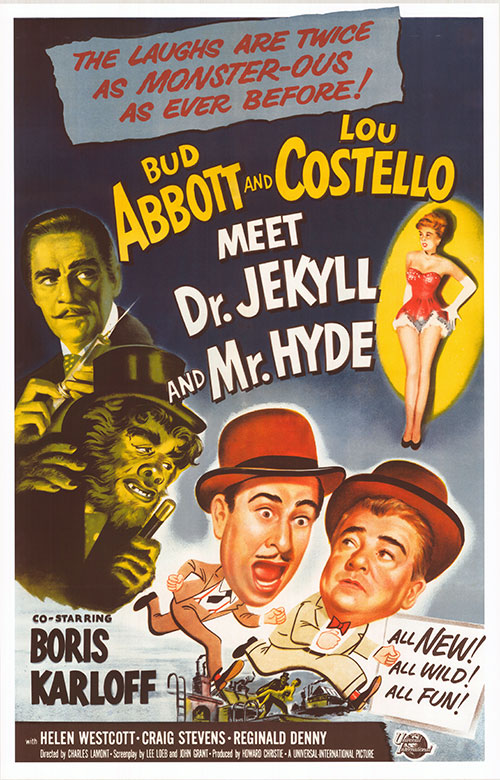 Abbott and Costello in a comedic scene from Dr. Jekyll and Mr. Hyde