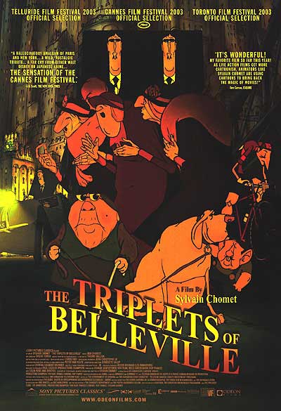 Triplets of Belleville animated film scene featuring the main characters in a colorful Parisian setting.