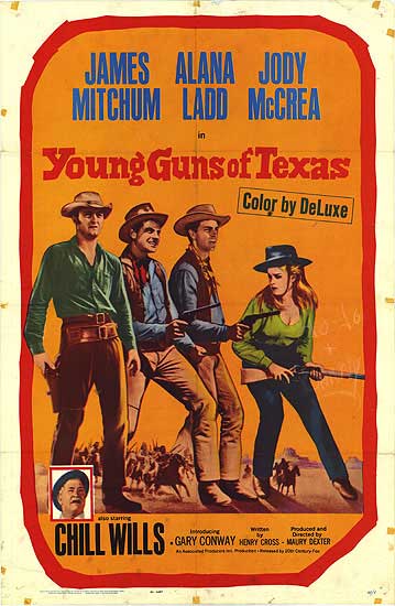 Cover art of Young Guns of Texas western DVD, showcasing cowboy characters